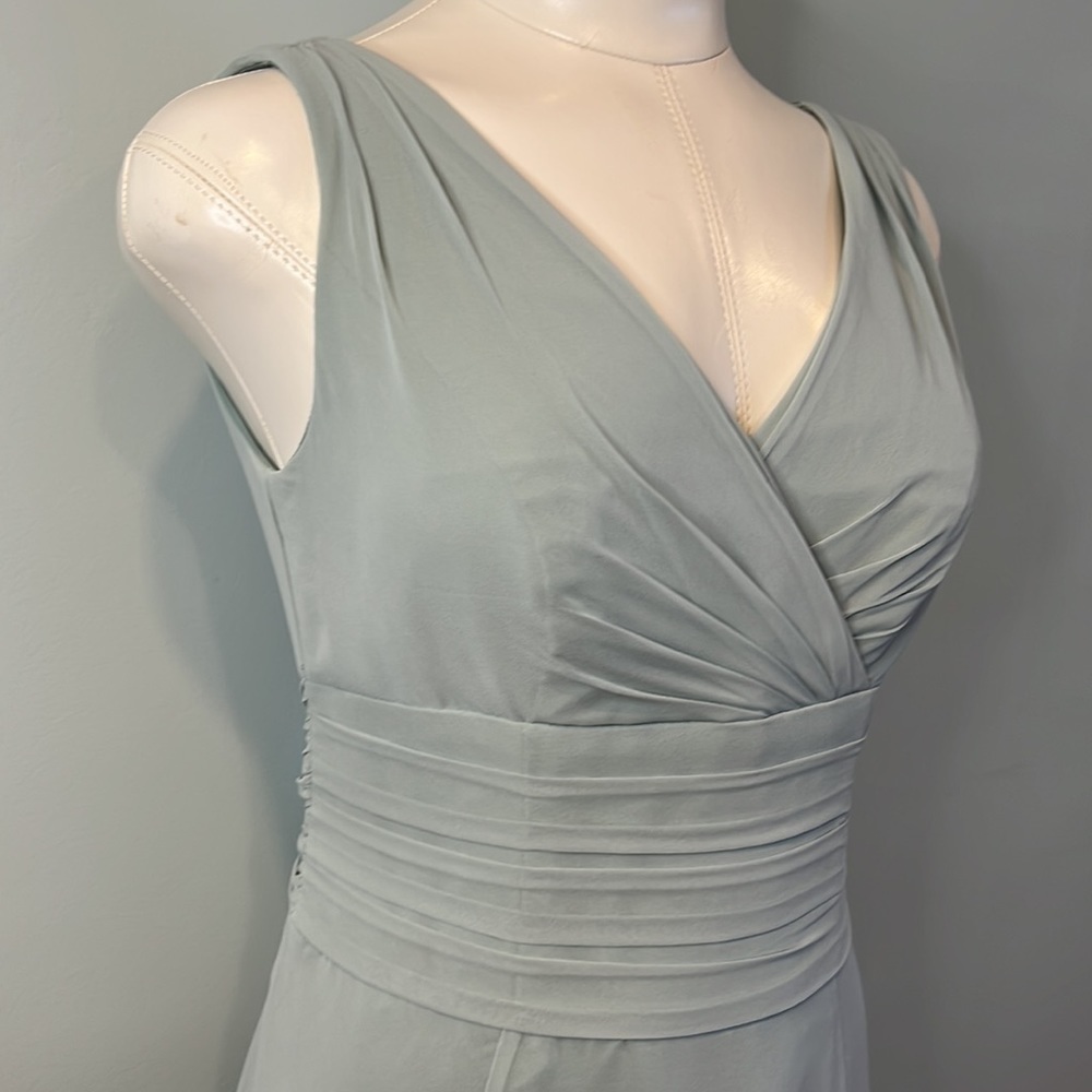 ✨HOST PICK✨David’s Bridal Dusty Sage Long Chiffon Surplice Tank Bridesmaid Dress - Picture 5 of 11